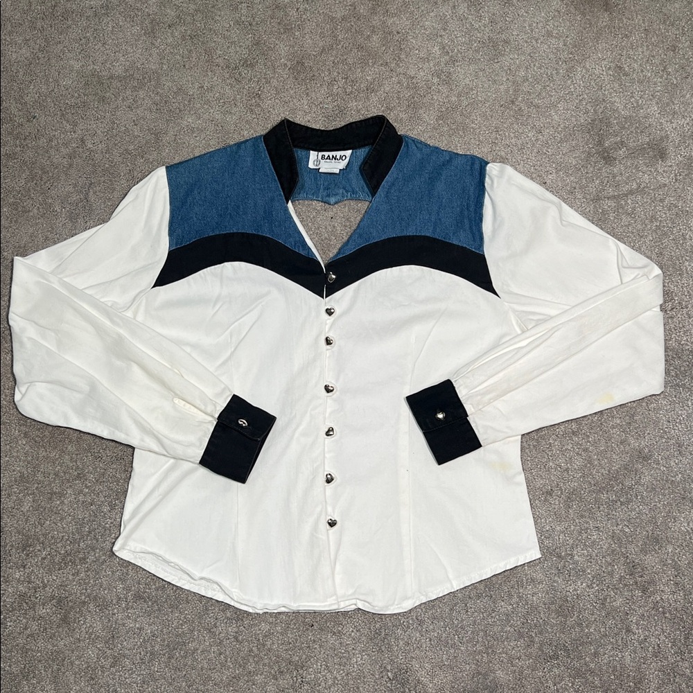 Vintage Banjo Western Button Front Heart Cut Out Cropped Shirt Size Large